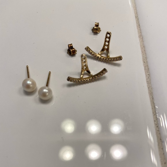 Gold Vermeil Pearl Earrings with Crystal Ear Jackets - Picture 2 of 5